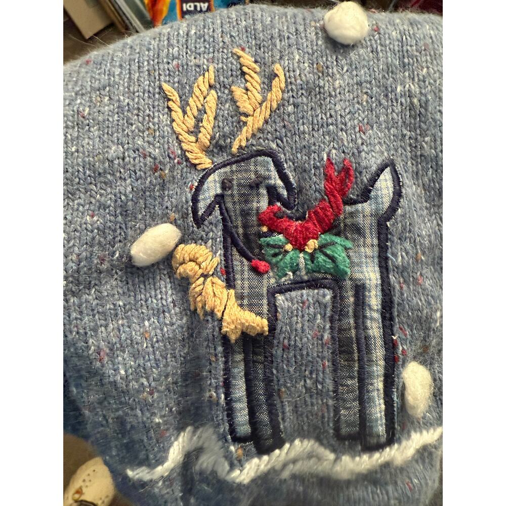 VTG Christmas Sweater Vest Womens SZ S VICTORIA JONES Embroidered UGLY Zip Blue - Picture 6 of 7
